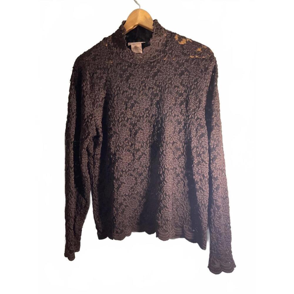 Vintage Jones Brown Semi Sheer Floral Lace Long Sleeve Sweater XL